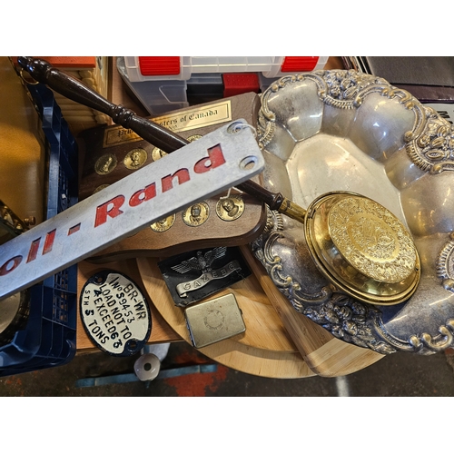 665 - Tray Of Various Brass Items Including Mantle Clock And Small Bed Warmer.