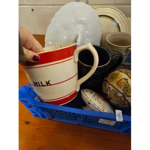 763 - Tray Of Various Ceramics To Include Vintage Milk Jug And Dishes.