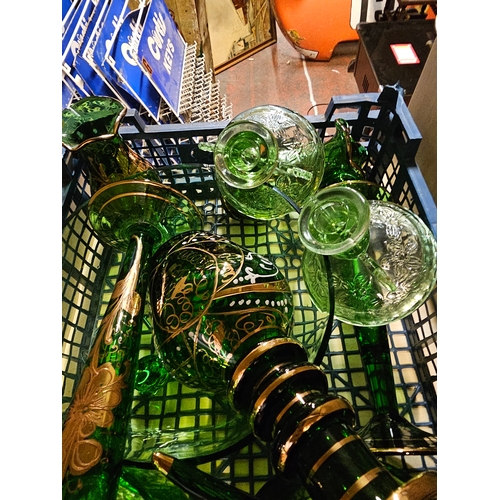 841 - Tray Of Green Glass Items Including Dessert Bowls.