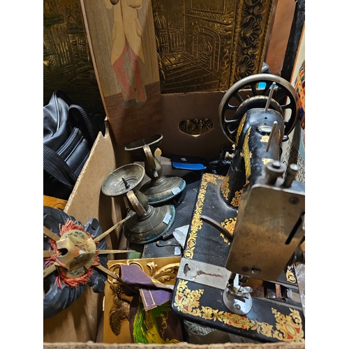 1021 - Box Of Various Items Including Jones Sewing Machine, Transformer etc.