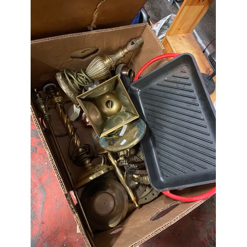 1027 - Box Of Miscellaneous Items Including Brass , Plus Crofton Skillet Etc.