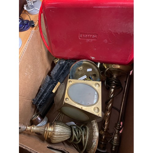 1027 - Box Of Miscellaneous Items Including Brass , Plus Crofton Skillet Etc.