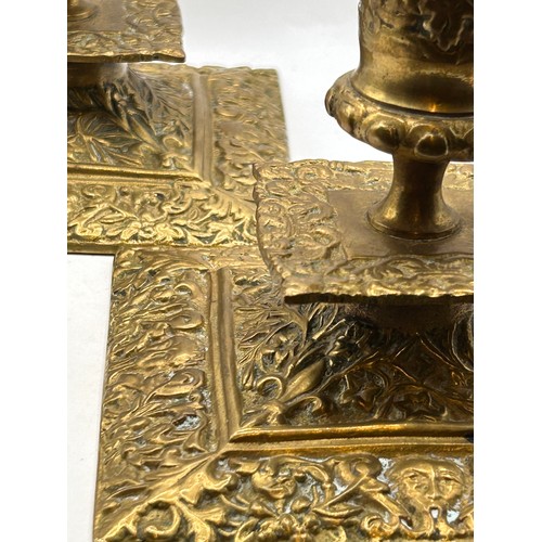 750 - Lovely Pair Of Victorian Stubby Brass Detailed Candlesticks . 3”