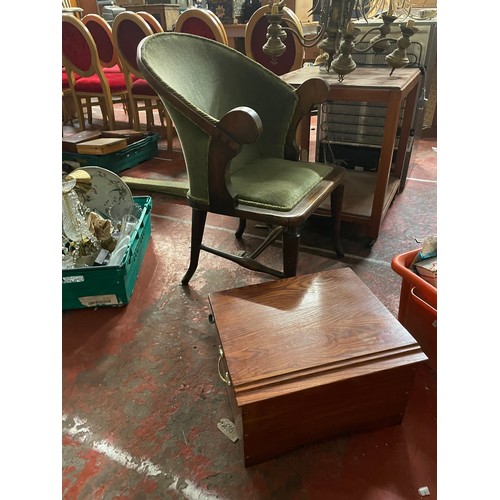 1047 - Wooden Chair Plus Box With Brass Handles.