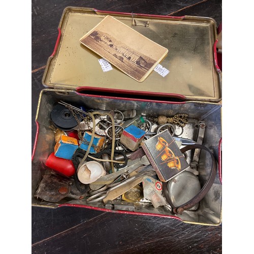 229 - Vintage Tin Full Of Vintage Collectibles.  Boxed Ladies Watch , Cuff Links , Parker Pen,