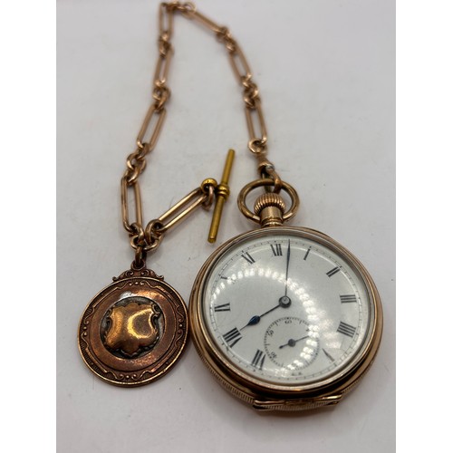 900 - Great Looking Pocket Watch And Chain , Paper Clip Style, Rolled Gold, With Fob And T Bar, The Pocket... 