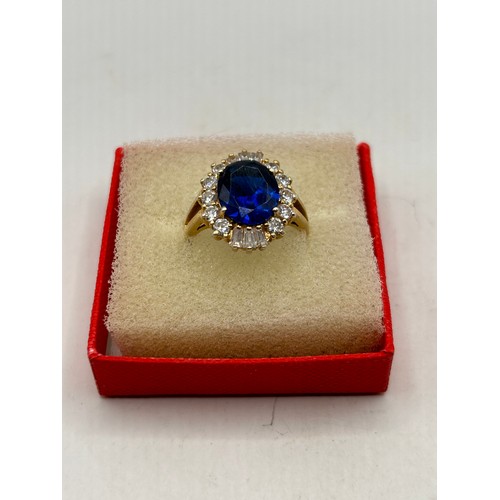 51 - Gold Plated Silver Ring With Large Blue Stone.