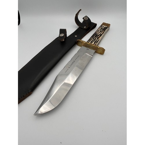 12 - R Cooper Of Sheffield Hand Made Large Hunting Knife With Leather Sheath, Bone And Brass Handle, 16