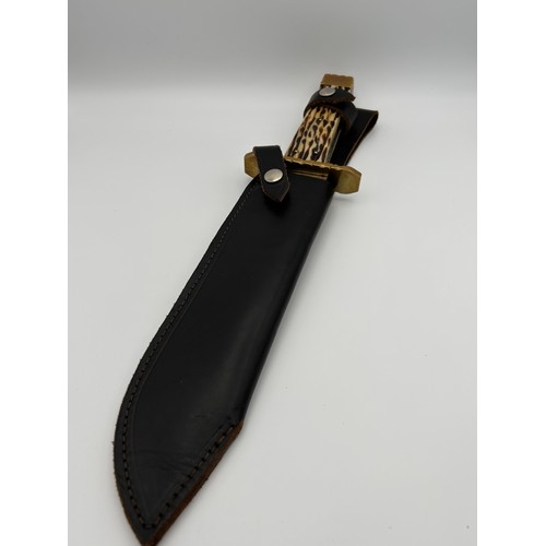 12 - R Cooper Of Sheffield Hand Made Large Hunting Knife With Leather Sheath, Bone And Brass Handle, 16