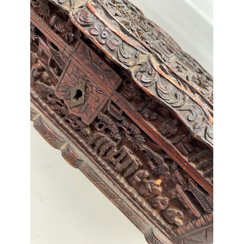 43 - Antique Detailed Carved Chinese Box , 10” Long By 4” Deep , Slight Damage to One Corner .