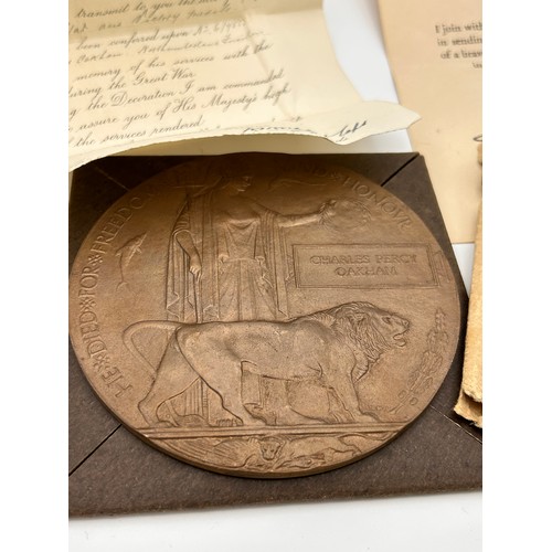 218 - WW1 Death Penny, Plus Related Ephemera, Original Box And Envelope, Relating To Charles Percy Oakham,... 