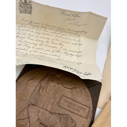 218 - WW1 Death Penny, Plus Related Ephemera, Original Box And Envelope, Relating To Charles Percy Oakham,... 