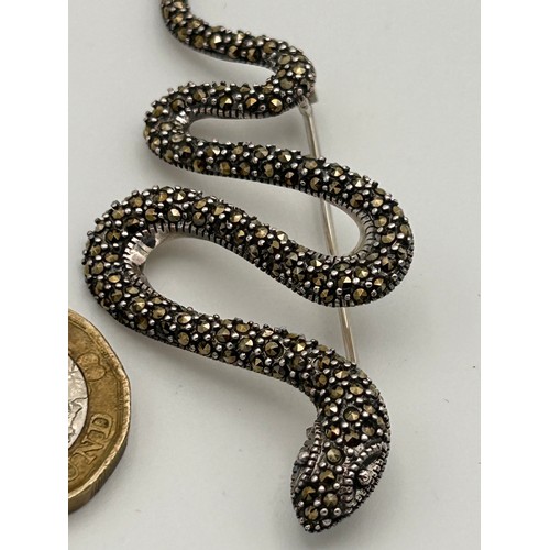 228 - Large Silver Marcasite Snake Brooch.