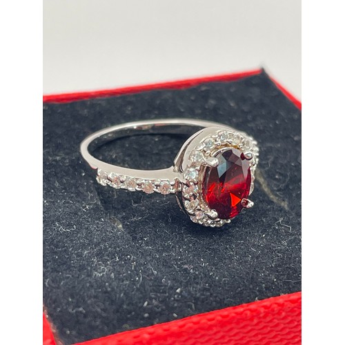 248 - Silver Ring With Oval Red Stone.