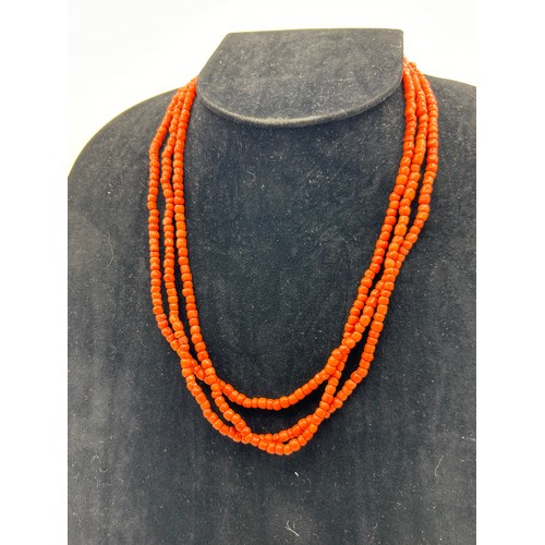 271 - Vintage Three Strand Coral Necklace With 9ct Clasp,