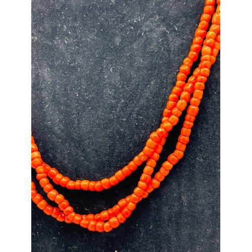 271 - Vintage Three Strand Coral Necklace With 9ct Clasp,