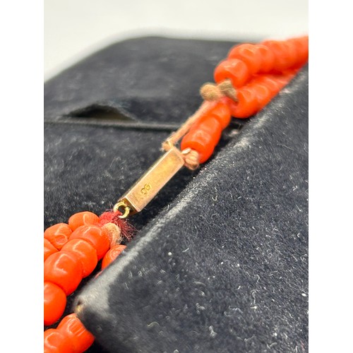 271 - Vintage Three Strand Coral Necklace With 9ct Clasp,