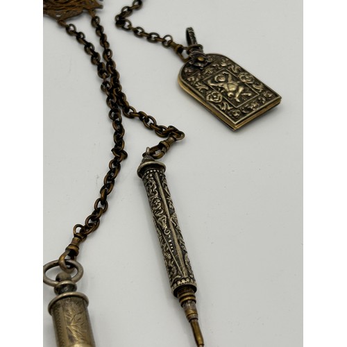 275 - Antique Silver Plated (Worn) Chatelaine With Five Drop Down Chains.