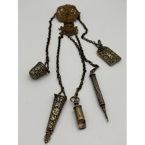 275 - Antique Silver Plated (Worn) Chatelaine With Five Drop Down Chains.