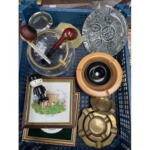 158 - Tray Of Various Items Including Ashtrays, Miniature Frames, Tobacco Pipes Etc.