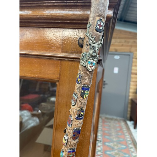 170 - Wooden Walking Stick With Numerous Silver Place Fobs Attached.