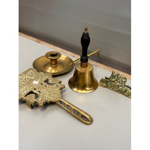 363 - Collection Of Brass Collectables To Include, Bell,Trivet,Candle Holder And Letter Holder.