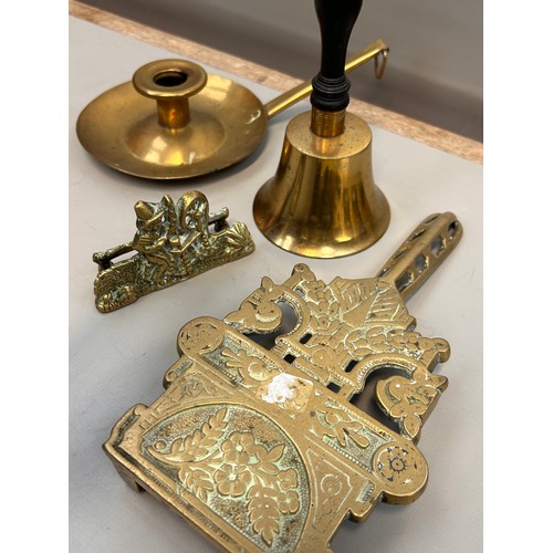 363 - Collection Of Brass Collectables To Include, Bell,Trivet,Candle Holder And Letter Holder.