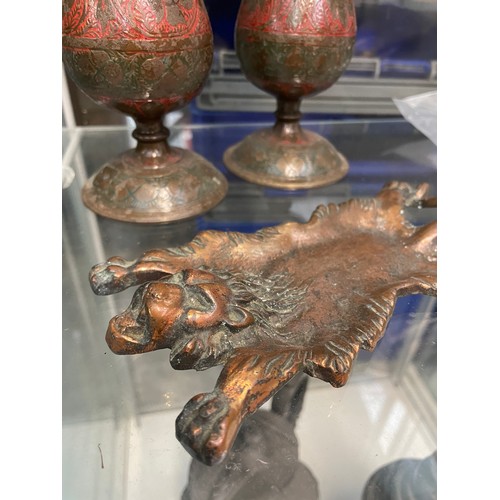 357 - A Pair Of Brass Painted Vases Plus Lion Shaped Pin Tray.