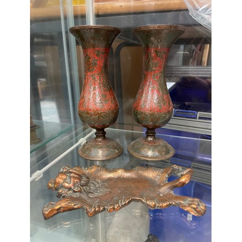 357 - A Pair Of Brass Painted Vases Plus Lion Shaped Pin Tray.