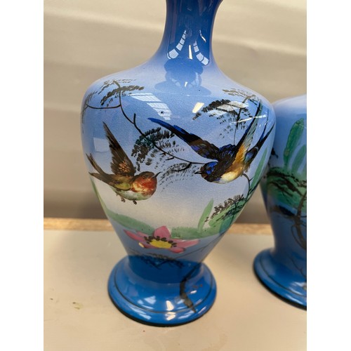 391 - Pair Of Blue Hand Painted Ceramic Vases By Troy Pottery 8