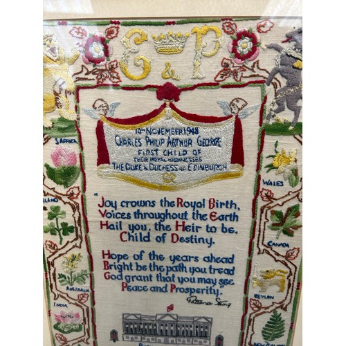 574 - Framed Sampler Dated 1948 To Commemorate The Birth Of Prince Charles 19