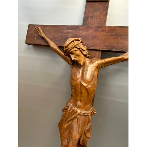 580 - Wooden Wall Hanging Jesus On The Crucifix , Damage To Arm But Been Repaired 3ft x 18