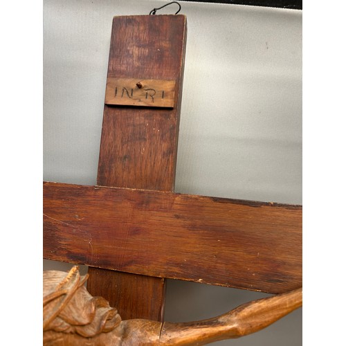 580 - Wooden Wall Hanging Jesus On The Crucifix , Damage To Arm But Been Repaired 3ft x 18