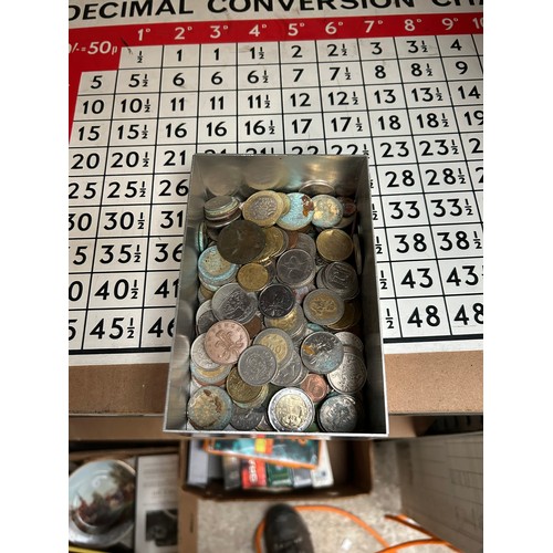 592 - Tub Containing Various Coins From Around The World And A Decimal Conversion Chart.