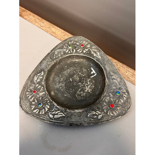 131 - Antique Pewter Handmade Pin Tray, Floral Pattern With Coloured Stone Inlay,7