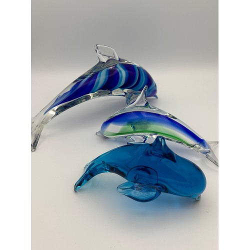 42 - Three Large Murano? Glass Dolphins , Largest Being 10