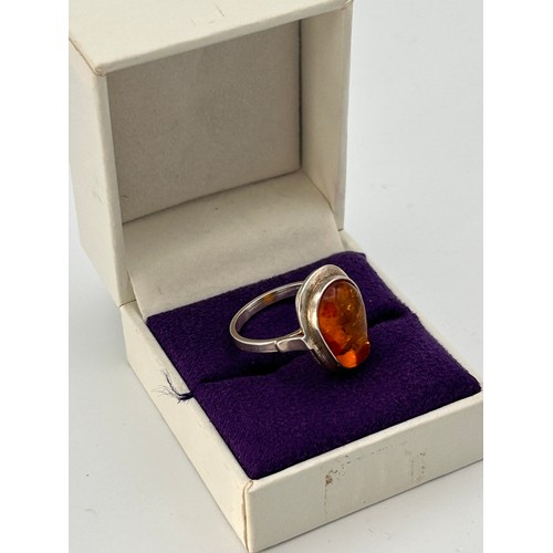 46 - Great Looking Silver And Amber Ring, Size O