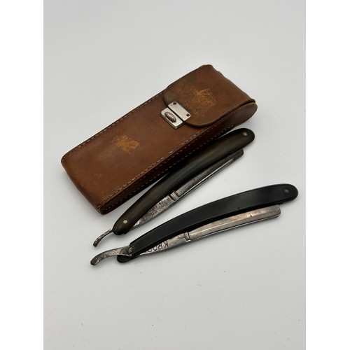 70 - Quality Leather Cut Throat Razor Case Along With A Pair of Razors.