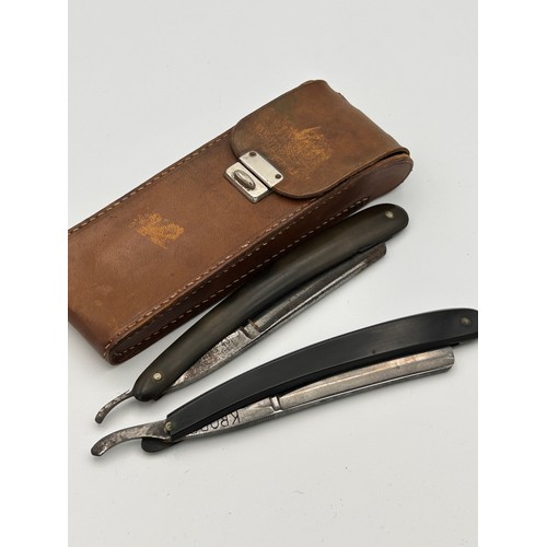 70 - Quality Leather Cut Throat Razor Case Along With A Pair of Razors.