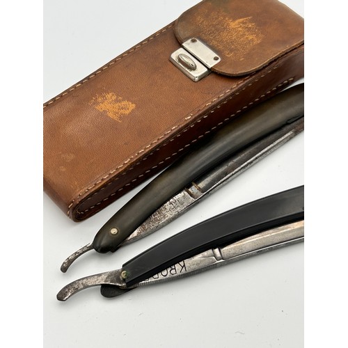 70 - Quality Leather Cut Throat Razor Case Along With A Pair of Razors.