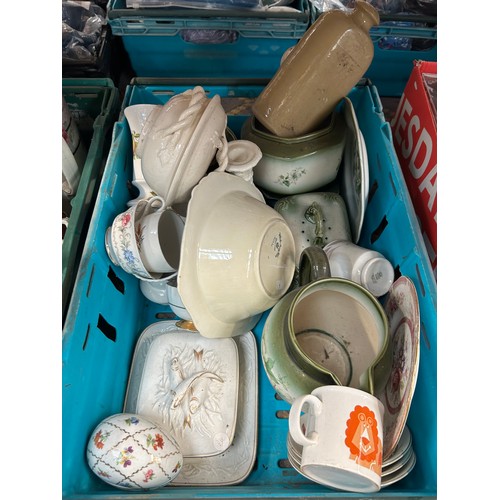 347 - Large Box Of Ceramics Including Cheese Dish , Butter Dish, Bed Warmer Etc.