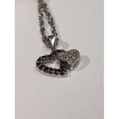 49 - Lovely 9ct White Gold Bracelet With Heart Shaped Pendant With Black And White Diamonds.