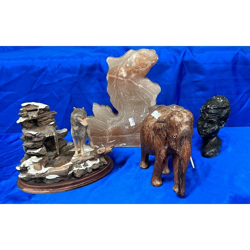 23 - Selection of Stone And Wooden Ornaments to Include Elephant, Fish Etc