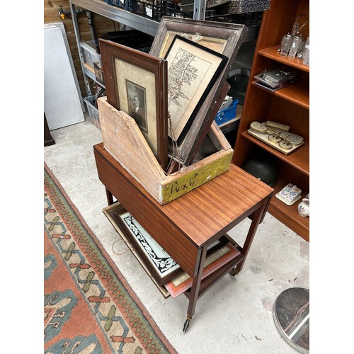 33 - Mixed Lot To Include Mid Century Drinks Trolley, Industrial Shelves  and Vintage Framed Pictures