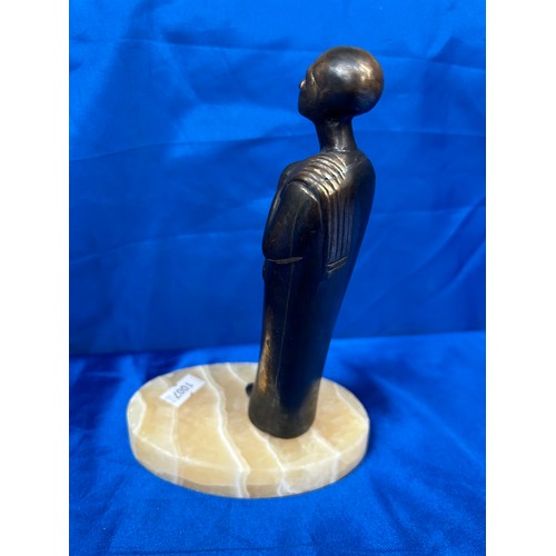 44 - Unusual Bronze Figure on Alabaster? Base Standing 7”