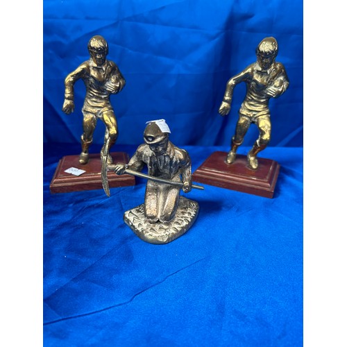 73 - Three Brass Figures One Mining and Two Rugby Related Tallest Standing 6.5”