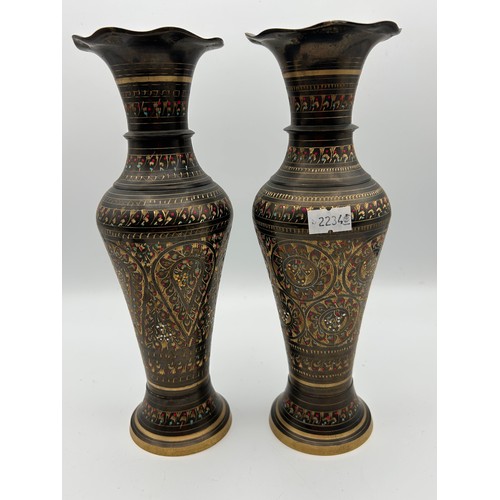 669 - Extremely Well Decorated Pair Of Brass Vases Standing Just Over 9