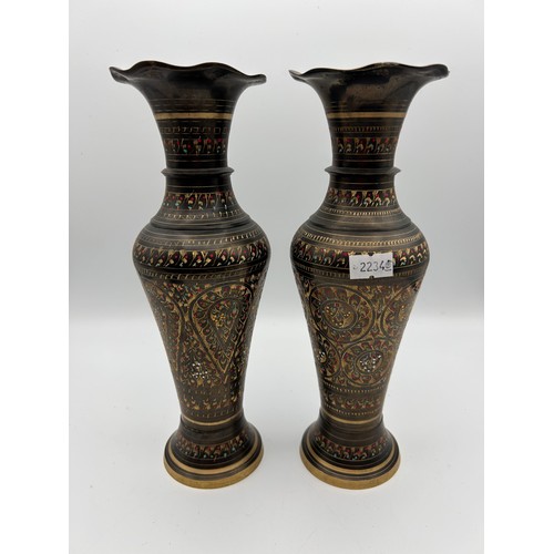 669 - Extremely Well Decorated Pair Of Brass Vases Standing Just Over 9