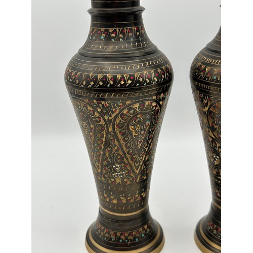 669 - Extremely Well Decorated Pair Of Brass Vases Standing Just Over 9