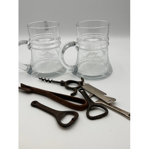 692 - Pair Of Etched Glass Beakers Along With Collection Of Vintage Bottle Openers Etc.